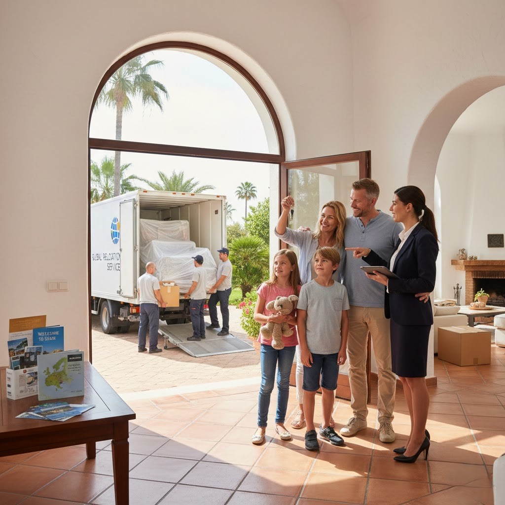 Familia reubicada en su nueva vivienda en España con el servicio de mudanzas internacionales gestionado por aRelocation